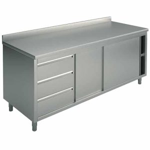 Arbetsbänk 1600x700mm med skjutdörrar höger draglådor vänster och kant