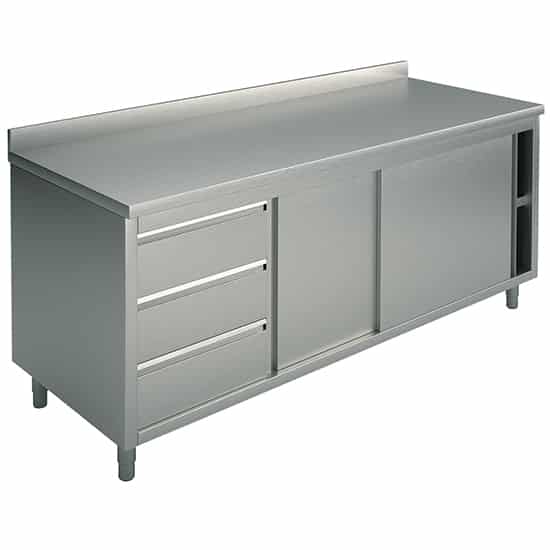 Arbetsbänk 1500x600mm med skjutdörrar höger draglådor vänster och kant
