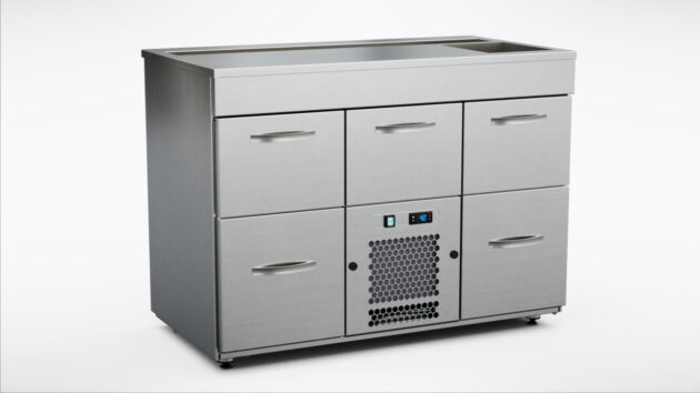 Barkylbänk med 5 draglådor, +3°C till +5°C. Mått: 1200x650x900mm