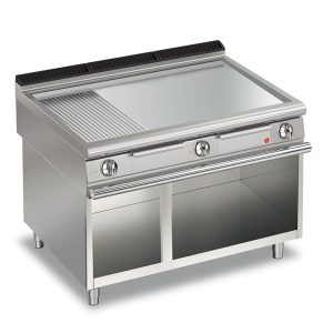 Elektrisk stekhäll BARON Q90FTV/E1225 med slät & 1/3 räfflat kromat stekplatta, på öppet stativ, 1200x900mm, 22,5kW